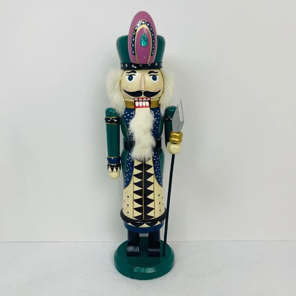 Vintage Wooden Nutcracker Soldier Green Cream Purple Jeweled Hat Spear 12 Inch